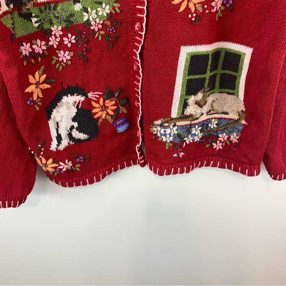 Vintage Knit Red Cat Sweater Size Large Button Front Cardigan - Picture 9 of 16
